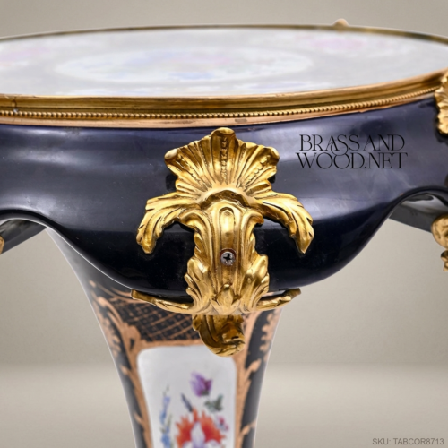 Louis XV Sèvres-Style Cobalt Porcelain Guéridon Side Table Gilt Bronze Ormolu Mounts Brass & Wood Front View | Brass & Wood