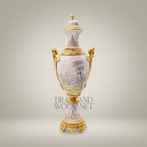 Sèvres-Style Hand-Painted Porcelain Urn Vase with Ormolu Mounts and Winter Landscape Scene Gold Front | Brass & Wood