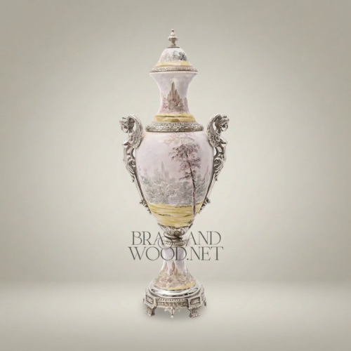 Sèvres-Style Hand-Painted Porcelain Urn Vase with Ormolu Mounts and Winter Landscape Scene Silver Side | Brass & Wood