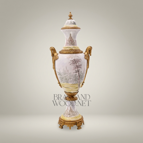 Sèvres-Style Hand-Painted Porcelain Urn Vase with Ormolu Mounts and Winter Landscape Scene Antique Gold Front | Brass & Wood