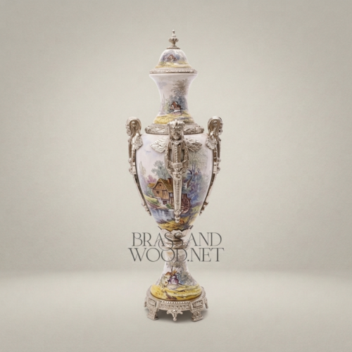 Sèvres-Style Hand-Painted Porcelain Urn Vase with Ormolu Mounts and Winter Landscape Scene Silver Side | Brass & Wood