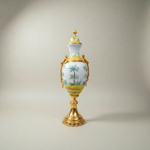 Sèvres-Style Hand-Painted Porcelain 3-Piece Garniture Set with Pastoral Scenes and Brass Mounts Gold Side | Brass & Wood