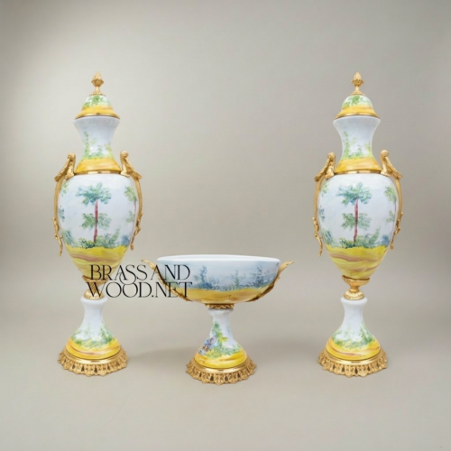 Sèvres-Style Hand-Painted Porcelain 3-Piece Garniture Set with Pastoral Scenes and Brass Mounts Gold Side | Brass & Wood