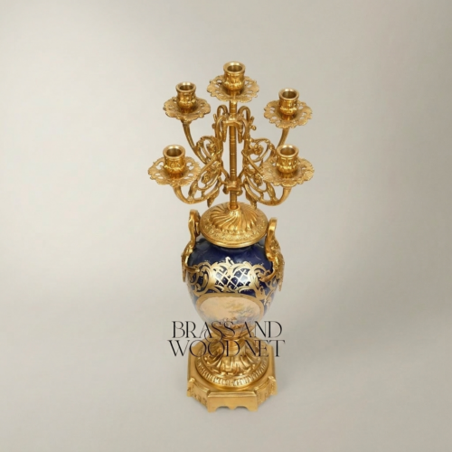 Sèvres-Style Five-Arm Brass Candelabra Cobalt Blue Porcelain Vase Floral Crown Brass and Wood Gold Side | Brass & Wood