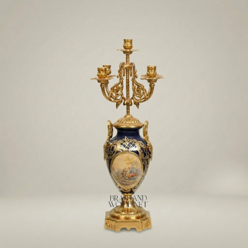 Sèvres-Style Five-Arm Brass Candelabra Cobalt Blue Porcelain Vase Floral Crown Brass and Wood Gold Side | Brass & Wood