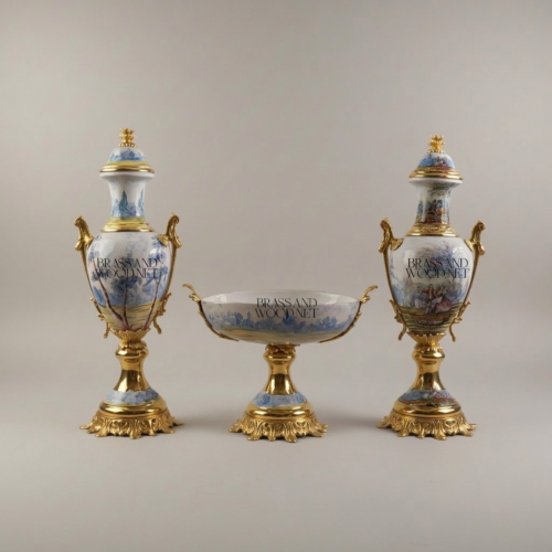 Sèvres-Style Hand-Painted Porcelain Garniture Set Three Pieces Brass Mounts Scenic Landscape Urns Tazza Gold Detail | Brass & Wood
