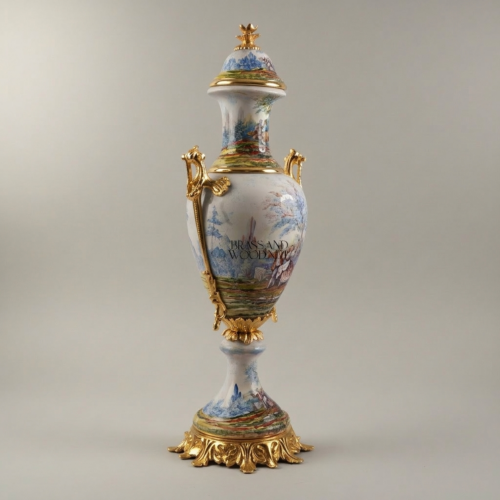 Sèvres-Style Hand-Painted Porcelain Garniture Set Three Pieces Brass Mounts Scenic Landscape Urns Tazza Gold Detail | Brass & Wood