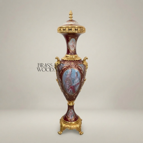 Sèvres-Style Wine Porcelain Lidded Urn Hand-Painted Mythological Scene Brass Mounts Brass and Wood Gold Front | Brass & Wood