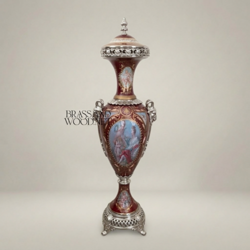 Sèvres-Style Wine Porcelain Lidded Urn Hand-Painted Mythological Scene Brass Mounts Brass and Wood Silver Front | Brass & Wood