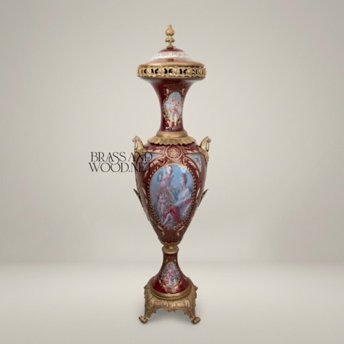 Sèvres-Style Wine Porcelain Lidded Urn Hand-Painted Mythological Scene Brass Mounts Brass and Wood Antique Gold Front | Brass & Wood
