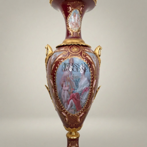 Sèvres-Style Wine Porcelain Lidded Urn Hand-Painted Mythological Scene Brass Mounts Brass and Wood Gold Front | Brass & Wood