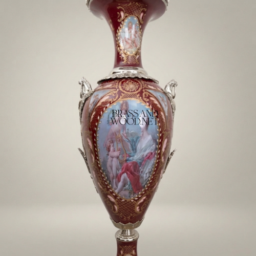 Sèvres-Style Wine Porcelain Lidded Urn Hand-Painted Mythological Scene Brass Mounts Brass and Wood Silver Front | Brass & Wood