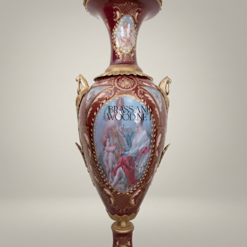 Sèvres-Style Wine Porcelain Lidded Urn Hand-Painted Mythological Scene Brass Mounts Brass and Wood Antique Gold Front | Brass & Wood
