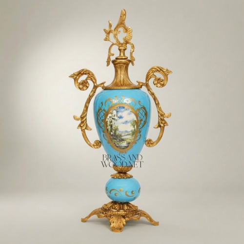 Sèvres-Style Rococo Turquoise Ceramic Urn Vase with Ormolu Mounts and Hand-Painted Landscape Medallion – Brass and Wood Gold Front | Brass & Wood