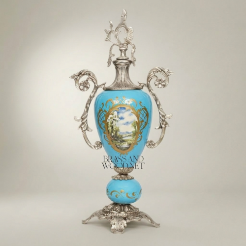 Sèvres-Style Rococo Turquoise Ceramic Urn Vase with Ormolu Mounts and Hand-Painted Landscape Medallion – Brass and Wood Silver Front | Brass & Wood