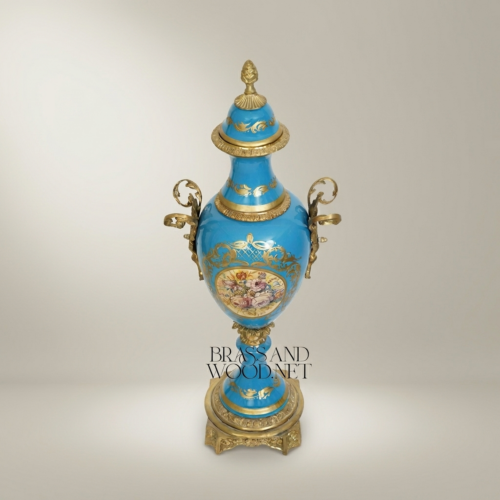 Sèvres-Style Turquoise Ceramic Lidded Urn Vase with Hand-Painted Floral Medallion and Brass Mounts - Brass & Wood Antique Gold Front | Brass & Wood