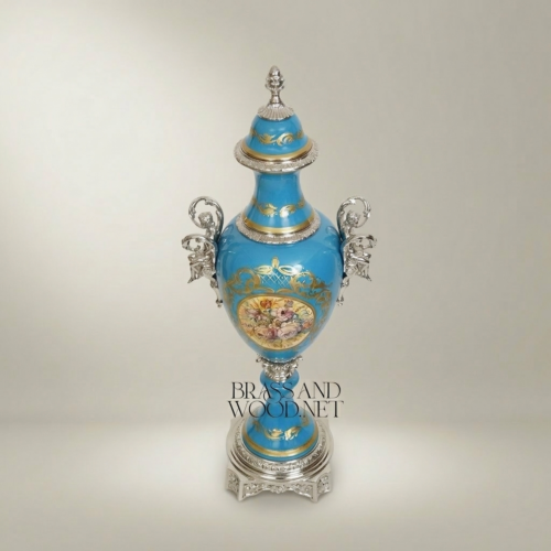Sèvres-Style Turquoise Ceramic Lidded Urn Vase with Hand-Painted Floral Medallion and Brass Mounts - Brass & Wood Silver Front | Brass & Wood