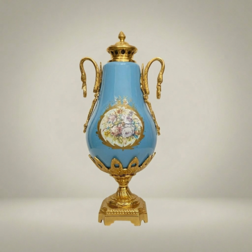 Sèvres-Style Turquoise Ceramic Covered Urn Vase with Swan-Neck Brass Handles and Floral Medallion Gold Front | Brass & Wood