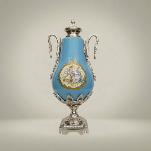 Sèvres-Style Turquoise Ceramic Covered Urn Vase with Swan-Neck Brass Handles and Floral Medallion Silver Front | Brass & Wood