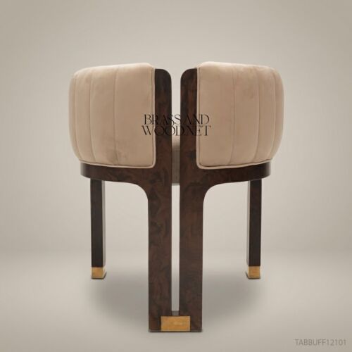 Art Deco Barrel Dining Chair in Dark Walnut Veneer & Champagne Channeled Velvet (Without Arms)