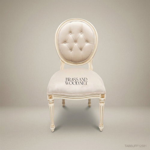 Brass & Wood Louis XVI Ivory Lacquered Solid Wood Button-Tufted Dining Chair (Without Arms)