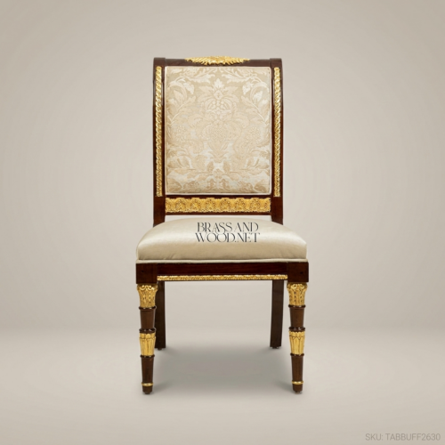 Brass & Wood Empire Dining Chair – Dark Wood, Gilt Mounts & Ivory Damask Upholstery (Without Arms)