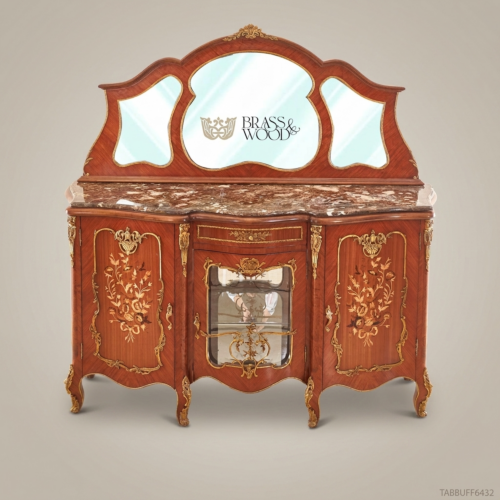 Brass & Wood بوفيه لويس الخامس عشر بالتطعيم والرخام والمرآة
