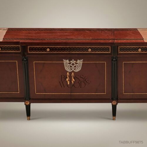 Brass & Wood Neoclassical Inlaid Wood Buffet