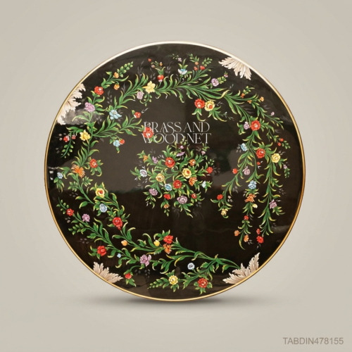 Brass & Wood Baroque Round Dining Table with Hand-Painted Black Floral Top