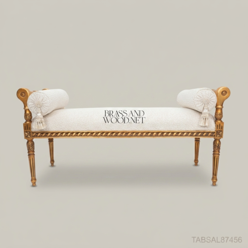 Louis XVI Gilded Wood Salon Banquette with Rolled Arms & Bouclé Upholstery 01