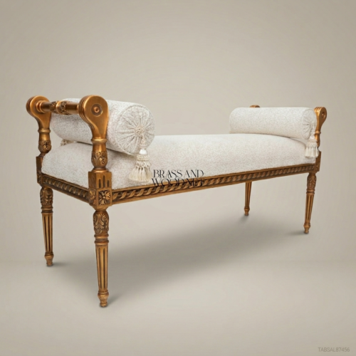 Louis XVI Gilded Wood Salon Banquette with Rolled Arms & Bouclé Upholstery 01