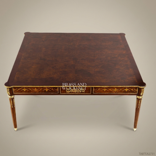 Louis XVI Neoclassical Salon Coffee Table with Marquetry & Gilt Bronze 01