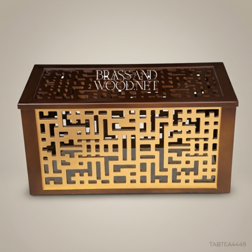 Handcrafted Islamic geometric Mashrabiya coffee table with polished brass open-cut lattice panels and dark solid wood frame