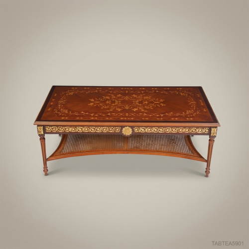 Louis XVI Marquetry Coffee Table with Brass Ormolu Mounts and Cane Shelf