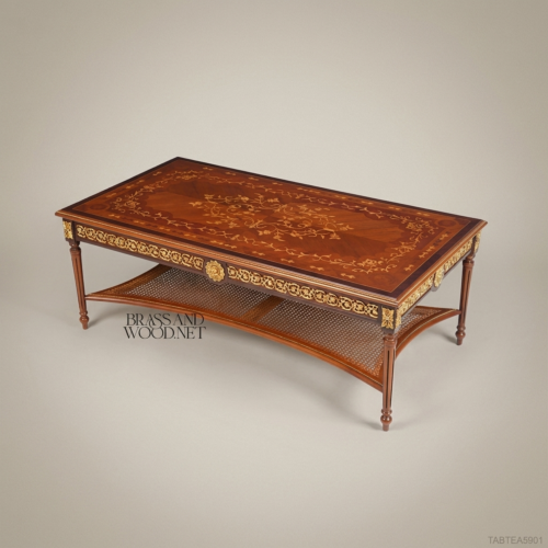 Louis XVI Marquetry Coffee Table with Brass Ormolu Mounts and Cane Shelf