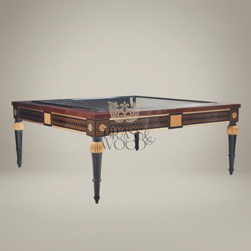 Neoclassical Ivory Lacquer Tea Table Hand-Painted Floral Animal Marquetry Solid Wood Brass & Wood Front View | Brass & Wood
