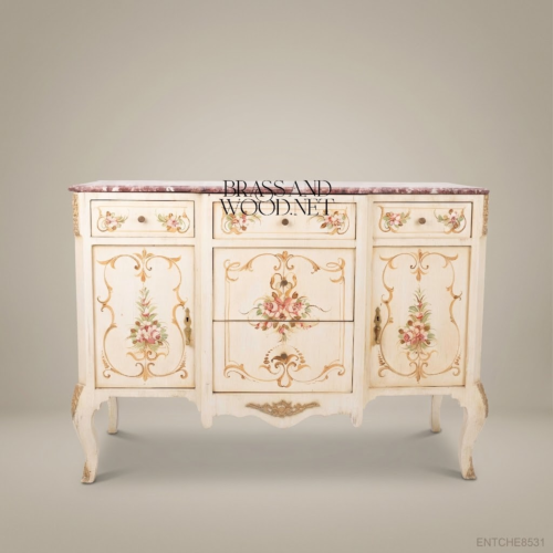 Venetian Baroque Hand-Painted Antique White Commode Floral Scroll Rose Marble Top Brass and Wood Front View | Brass & Wood