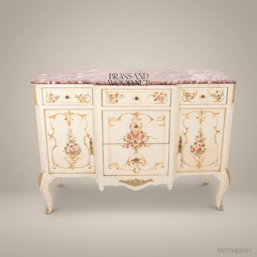 Venetian Baroque Hand-Painted Antique White Commode Floral Scroll Rose Marble Top Brass and Wood Front View | Brass & Wood