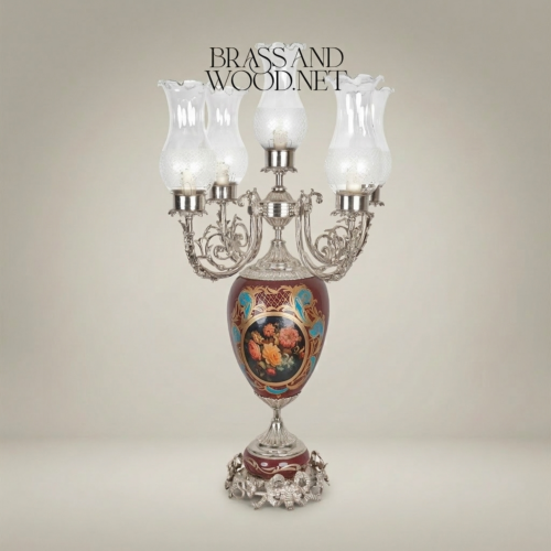 Victorian Brass and Ceramic 5-Arm Candelabra Table Lamp with Floral Painted Urn Base and Glass Shades Silver Front | Brass & Wood