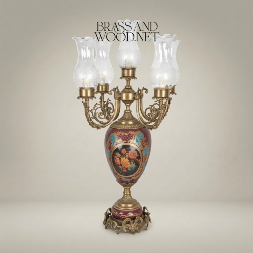 Victorian Brass and Ceramic 5-Arm Candelabra Table Lamp with Floral Painted Urn Base and Glass Shades Antique Gold Front | Brass & Wood