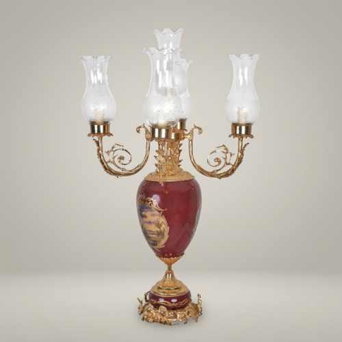 Victorian Brass and Ceramic 5-Arm Candelabra Table Lamp with Floral Painted Urn Base and Glass Shades Gold Front | Brass & Wood