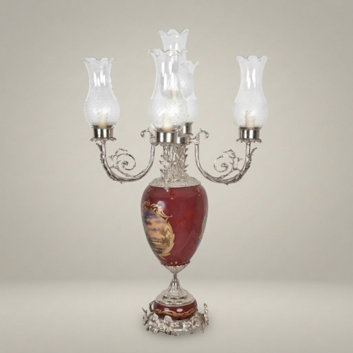 Victorian Brass and Ceramic 5-Arm Candelabra Table Lamp with Floral Painted Urn Base and Glass Shades Silver Front | Brass & Wood