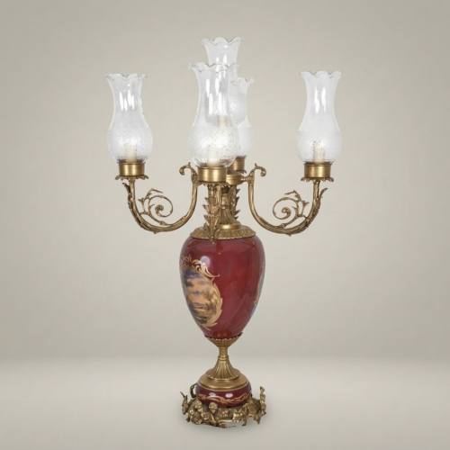 Victorian Brass and Ceramic 5-Arm Candelabra Table Lamp with Floral Painted Urn Base and Glass Shades Antique Gold Front | Brass & Wood