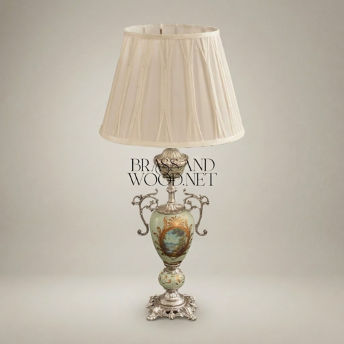 Victorian Celadon Ceramic Urn Table Lamp Hand-Painted Floral Brass Scroll Handles Cream Shade Brass and Wood Silver Front | Brass & Wood