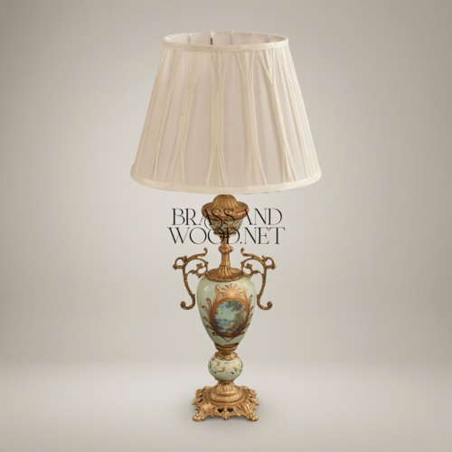 Victorian Celadon Ceramic Urn Table Lamp Hand-Painted Floral Brass Scroll Handles Cream Shade Brass and Wood Antique Gold Front | Brass & Wood