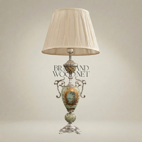 Victorian Celadon Ceramic Urn Table Lamp Hand-Painted Floral Brass Scroll Handles Cream Shade Brass and Wood Silver Front | Brass & Wood