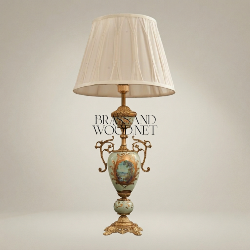 Victorian Celadon Ceramic Urn Table Lamp Hand-Painted Floral Brass Scroll Handles Cream Shade Brass and Wood Antique Gold Front | Brass & Wood