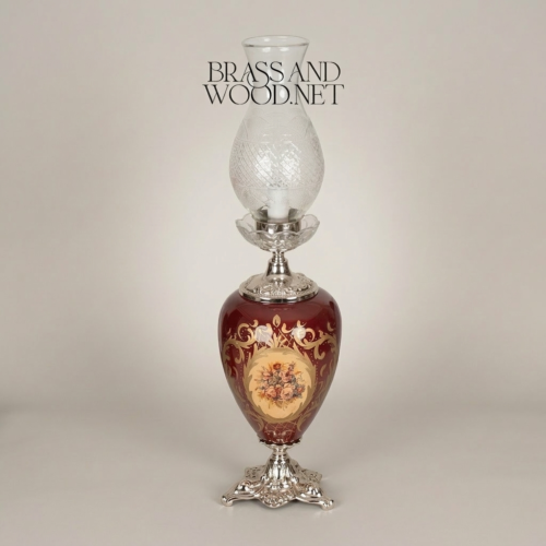 Victorian Crimson Ceramic Floral Urn Table Lamp with Crystal Glass Chimney and Brass Fittings Silver Front | Brass & Wood