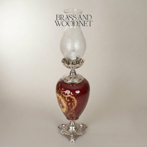 Victorian Crimson Ceramic Floral Urn Table Lamp with Crystal Glass Chimney and Brass Fittings Silver Front | Brass & Wood