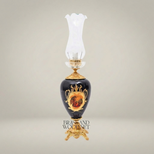 Victorian Hand-Painted Ceramic Table Lamp Ornate Brass Base Glass Chimney Shade Brass and Wood Gold Front | Brass & Wood